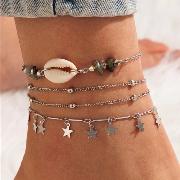 Jewelry - • Anya • 3 Pc. Star + Shell Anklet Set